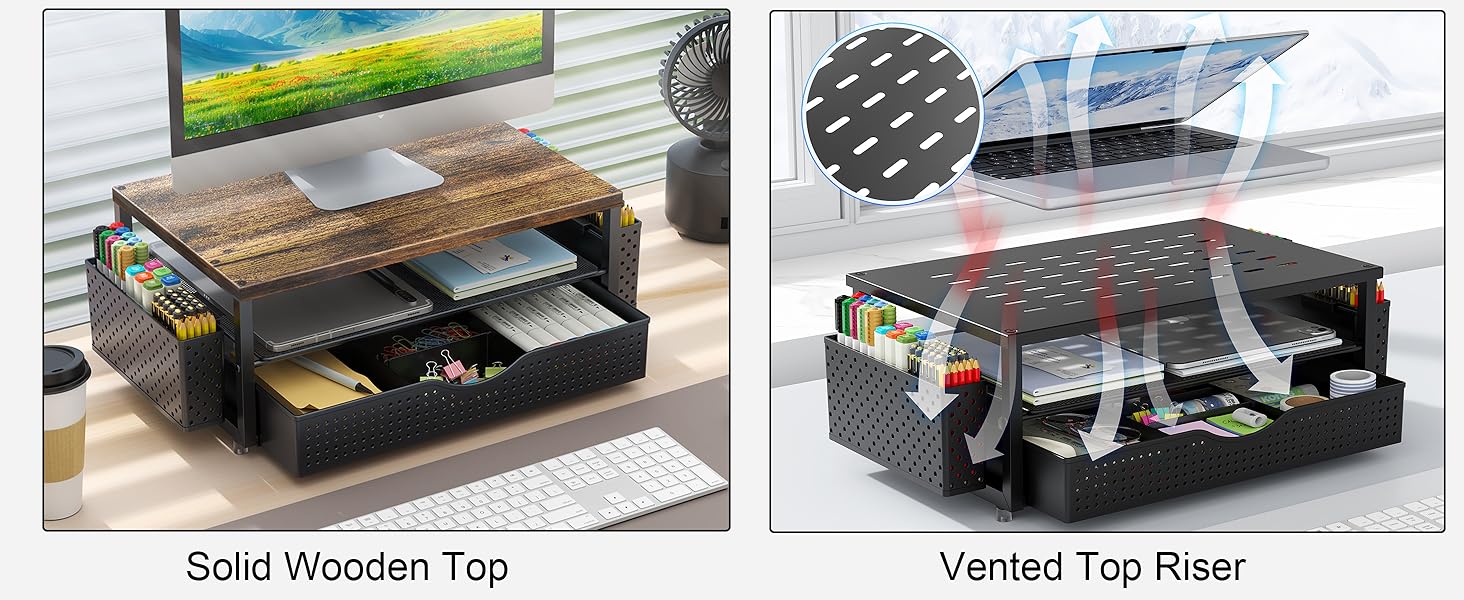 Elegant Monitor Stand with Sliding Drawer & Two Pen Holders Desktop Organizer for Office & Dormitory Use with Ventilation & Non-Slip Pads