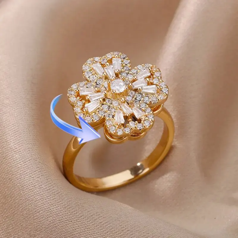 September S Rotating Four Clover Wedding Rings for Women Stainless Steel Anti-Stress Anxiety Ring Adjustabl