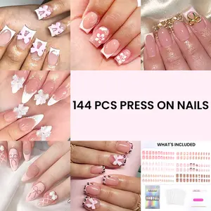DIY Salon at Home | 6 Packs (144 Pcs) Coffin & Almond Press on Nails | Jelly Glue Included (Ready to Wear) | Reusable False Nails | Easy Removal