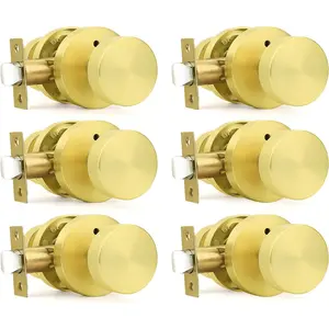 Door Knobs Interior, Zinc Alloy Keyless Brushed  Door Knobs with Lock for Bedroom and Bathroom, Knurled Heavy Duty Brushed Brass Round Base Modern Doorknobs, 6 Pack