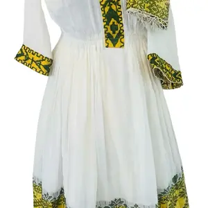 FikerShema Ethiopian Traditional Dress with Yellow and Green Embroidery 214-780-7189