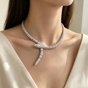 Iced Out Serpent Bone Necklace for Women - Sparkling Full Zircon Snake Link Chain - Adjustable Statement Jewelry for Party, Wedding & Evening Wear