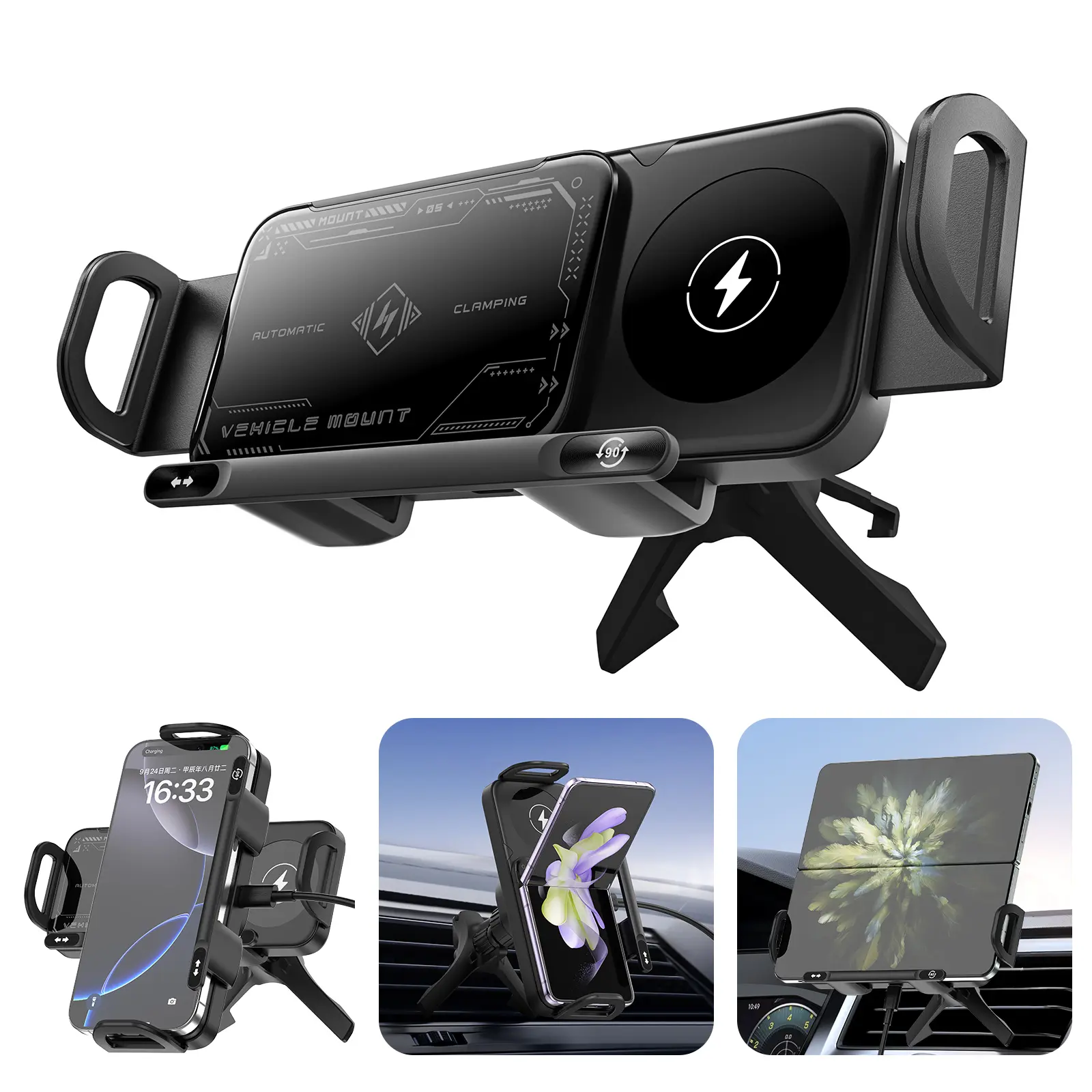 For Galaxy Z Fold 7/6/5/4 Charger Phone Holder, 2025 Smart Wireless Charging Car Phone Mount for Foldable & Universal Smartphones, Auto-Clamping 90° Rotation Air Vent Phone Holder, 15W Fast Charging Black