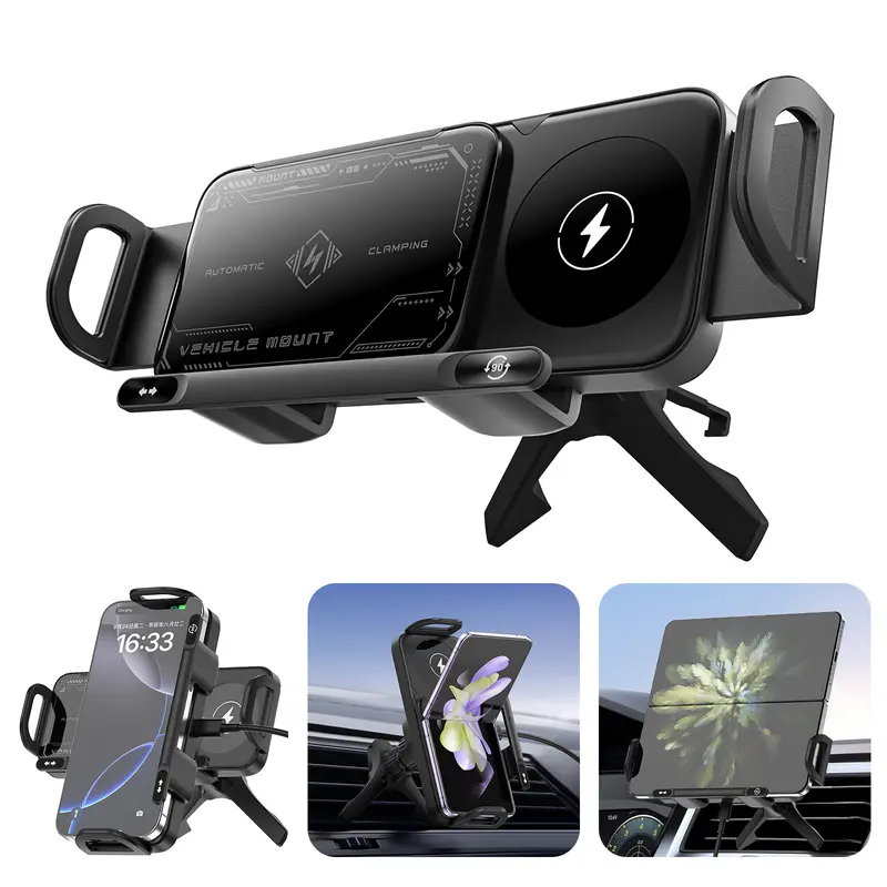 ESEEKGO Fully Automatic Charger Wireless Car Phone Holder, 15W Fast Charging Auto-Clamping Air Vent Mount, 90° View Switch 3-Point Hold, for Galaxy Z Fold 7/6/5/4 Foldable Phones, 1 Adhesive Pad, Black, Wireless Car Charger