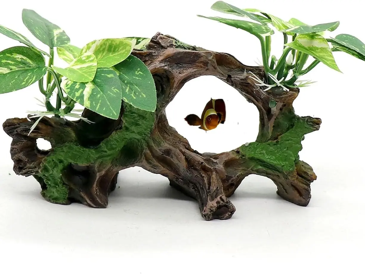 Fish Tank Decorations Artifical Driftwood Cave Aquarium Decor Ornaments Silk Aquarium Plants for Betta Fish Tank Accessories