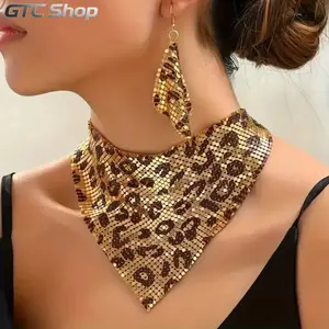 Women Leopard Print Jewelry Set, Sparkling Sequin Triangle Scarf Necklace with Matching Earrings, Bold Trendy Clavicle Chain, Eye-Catching Unique Accessories for Daily Outfits, Parties & Night Out