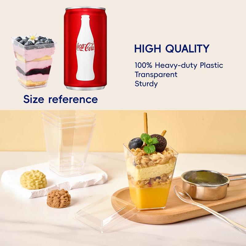 5oz Crystal Plastic Dessert Cups with Lids & Spoons - Disposable Square Parfait Cups for Mousse, Tiramisu, Pudding, Party & Catering