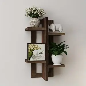 Rustic Brown Floating Wood Shelf - Farmhouse Wall Mounted Plant Display Shelf for Living Room, Bathroom & Bedroom