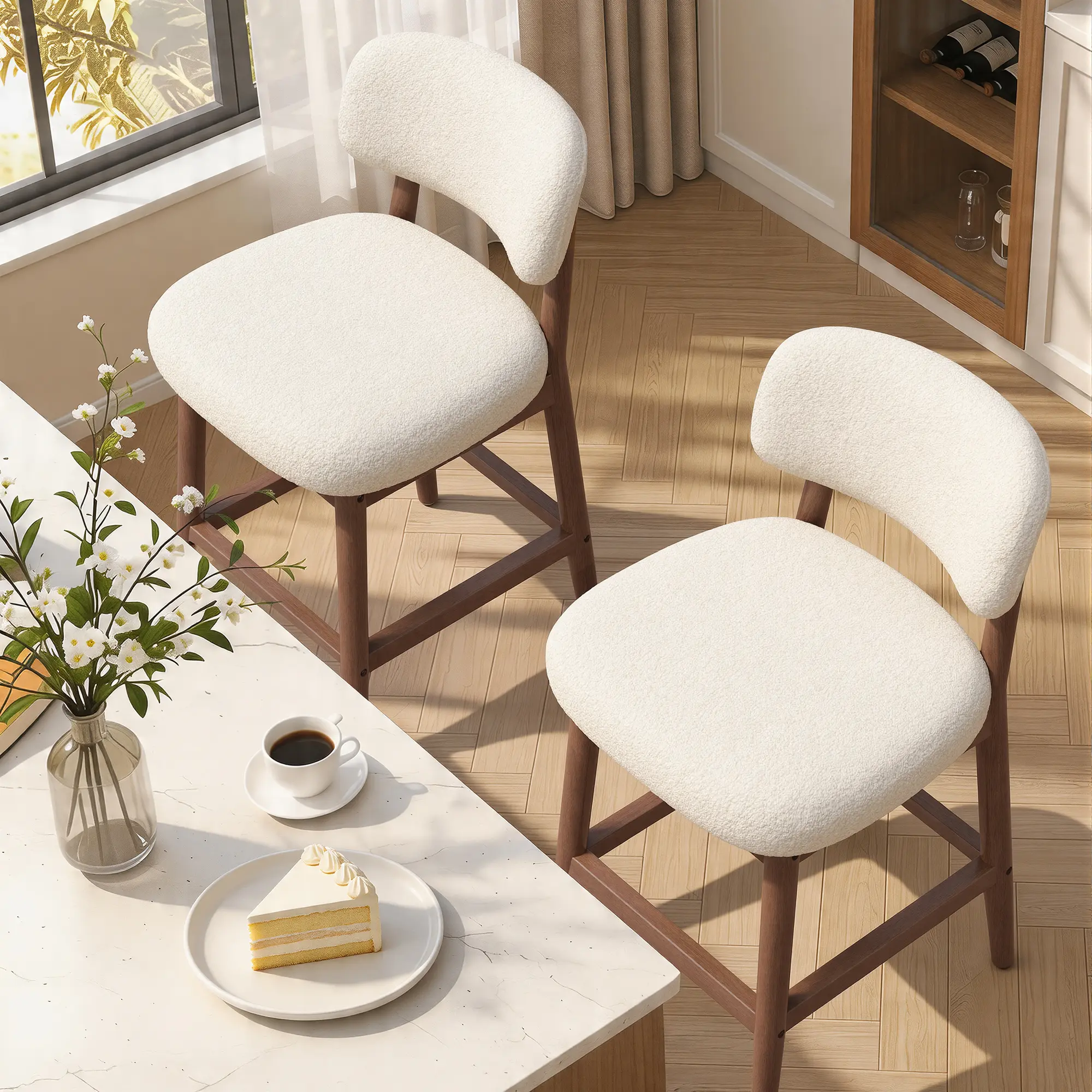 【Deals for you】Counter Height Bar Stools Set of 2, Mid-Century Modern Boucle Bar Chairs with Solid Wood Frame, Fluffy Upholstered Stools with Backrest for Kitchen Island, Home Bar