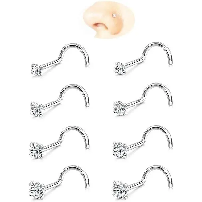 Nose Rings Studs: 8Pcs 20 Silver 316L Surgical Stainless Steel Nose Studs Hypoallergenic Corkscrew Nose Piercing Stud Jewelry for Women Men Clear Cubic Zirconia Imitation Diamond Top  R2140