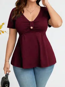 Plus Size Plain V-Neck Ruffle Hem Short Sleeve Casual T-Shirt