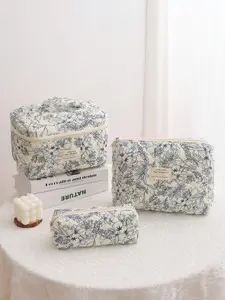 Women's Foam Quilted Cosmetic Bag with Flower Aesthetic Print Pattern, Travel Toiletries Organizer Set