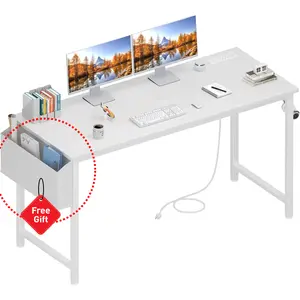 Lufeiya White Computer Desk with Power Outlet, 55 inch Teen Study Table Home Office Work Writing Gaming Desks with Charging Station Outlets Built in, White, Get Free Gift
