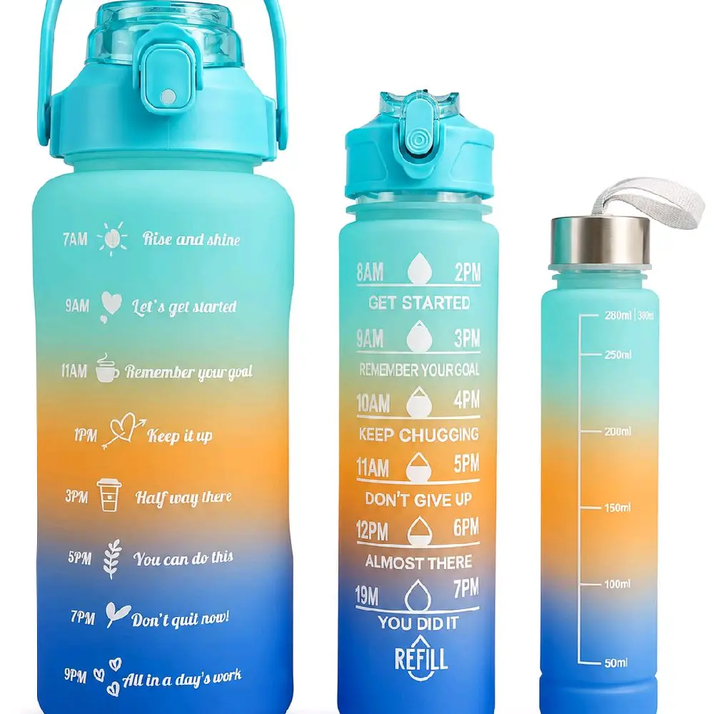 Botella de Agua Motivacional 3 en 1 con Marcadores de Tiempo, Tapa Antiderrame y Asa Portátil, Set de 32 oz + 900 ml + 300 ml para Gimnasio, Oficina y Viajes