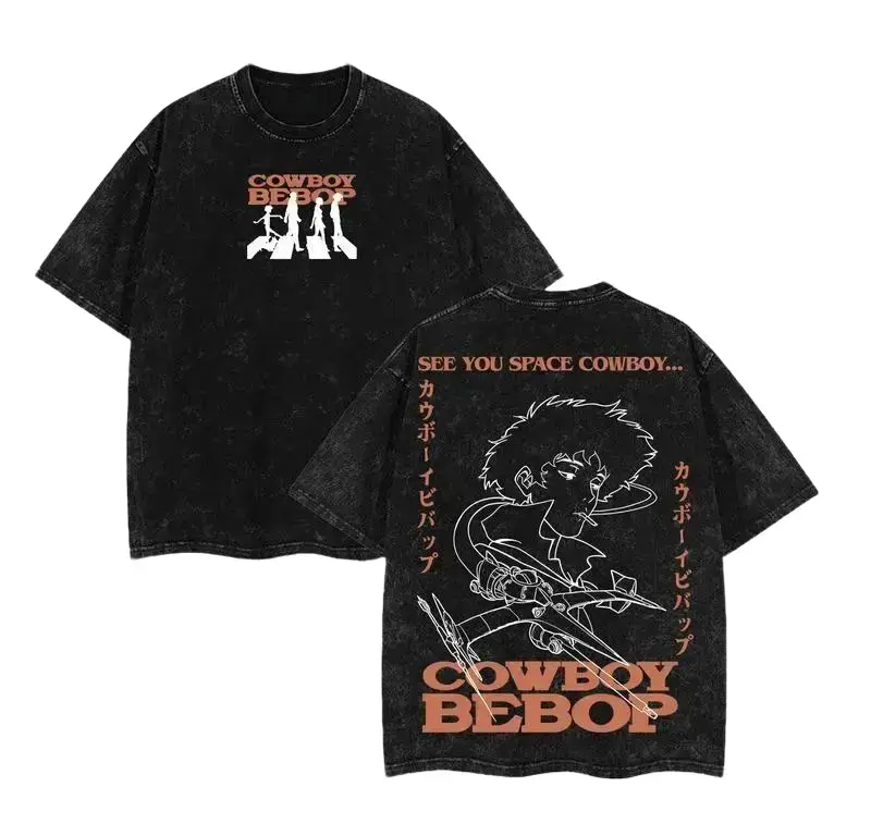 Cowboy Bebop Vintage Washed Heavy Cotton T-Shirt Unisex Anime Graphic Tee Double-Sided Print Spike Spiegel Retro 90s Aesthetic Streetwear Oversized Acid Wash Top See You Space Cowboy Manga Merch Shirt Perfect Gift For Anime Fans Otaku Casual Wear