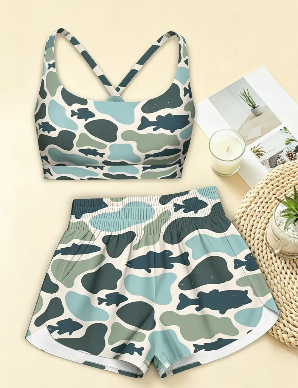 Women's Bikini Sets, Women All In One Beige Camo Matching Set Cross Back Athletic Unpadded Crop Top Elastic Drawstring Shorts Workout Pool Daily Vacation Outfit
