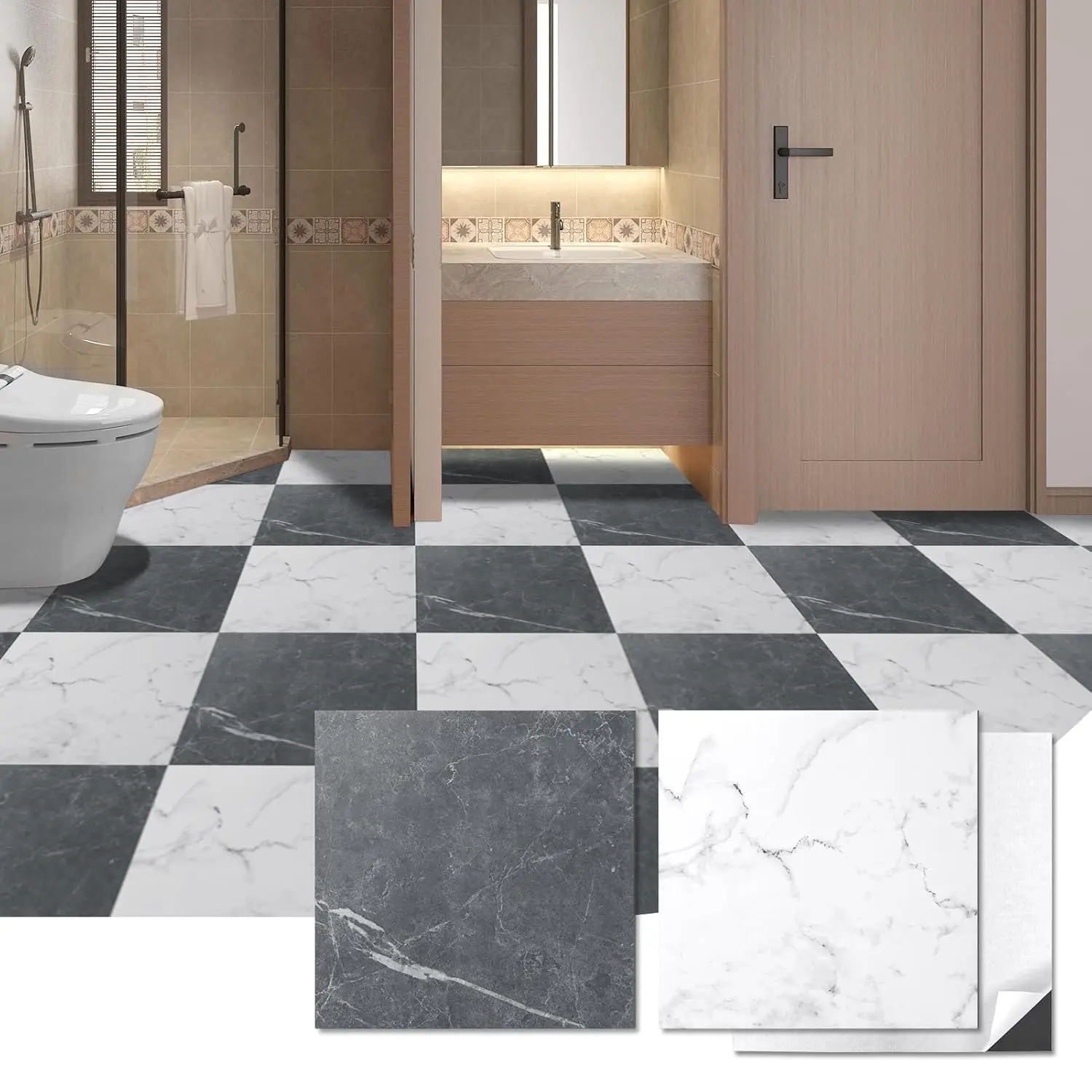 Peel and Stick Vinyl Floor Tiles 30-Pack 12 x 12 inch, Self Adhesive  Flooring Planks for Kitchen, Dining Room, Bedrooms, Cover 30 Sq. Ft, Black & White Marble (15 Tiles per Color)