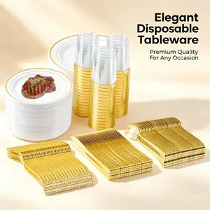 Disposable Dinnerware Set 350/700 PCS, Gold & Silver Plastic Plates Cups Cutlery for Party, Wedding, Birthday Supplies