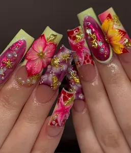 Tropical Sunset Bloom Press On Nails | 3D Hibiscus Flower Nail Art | Gold Accent Summer Nails | Pink & Yellow Ombre Press Ons | DB394H