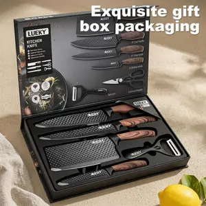 6Pcs Kitchen Chef Knife Set, Slicing Knife, Scraper And Scissors, High Carbon Stainless Steel Super Sharp, with Anti-stick Ergonomic Wooden Handle, Professional Chef's Knife Set, Suitable for Family Travel, Gift Box Set#Summervibes