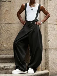 INCERUN Men's Casual Deconstructed Metal Decor Net Color Belted Overalls Pants, Stylish Low Waist Design, Perfect for Daily Wear & Comfortable Fit