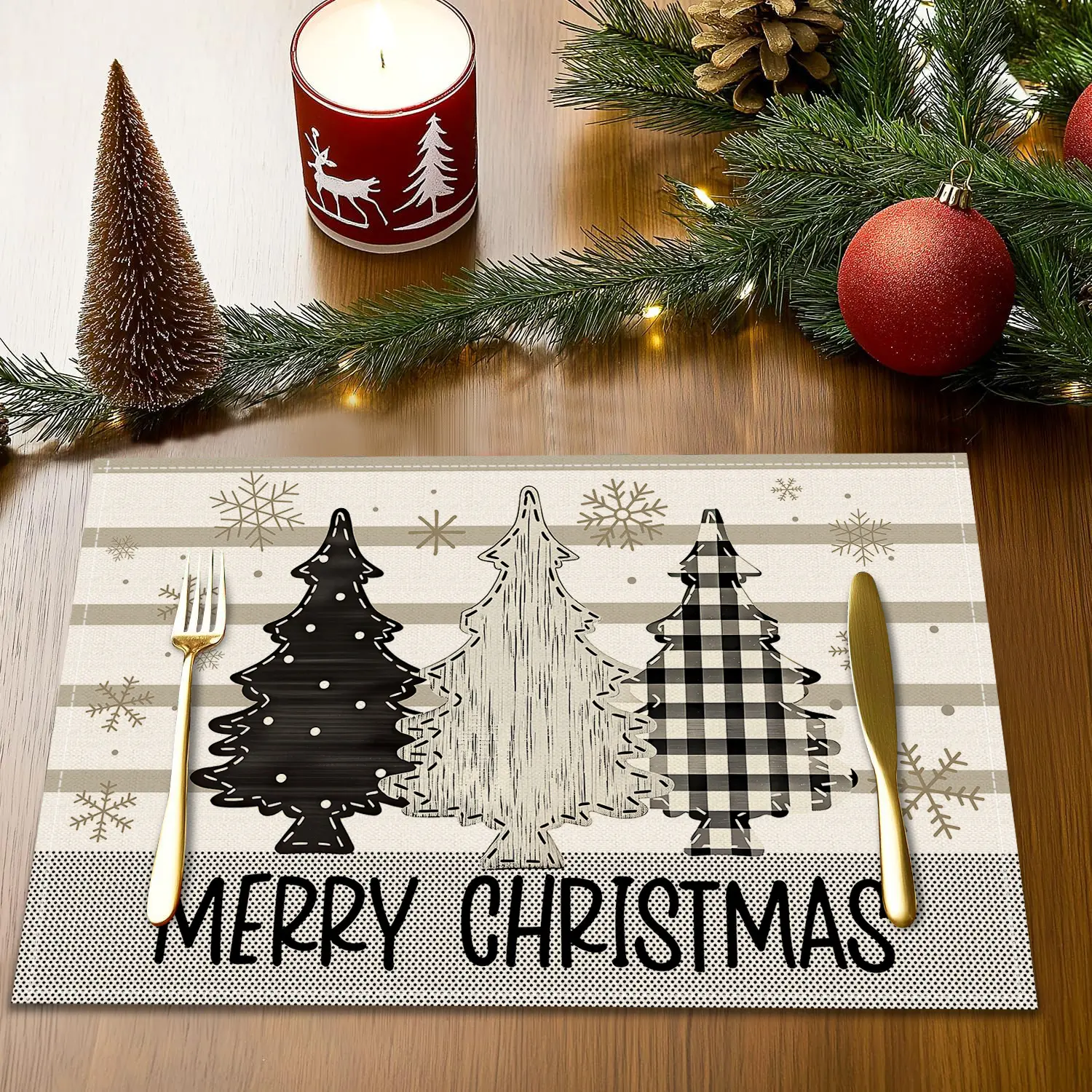 4/6pcs Christmas decorative placemats, Merry Christmas Cedar Forest design printed dining table anti slip insulation mat, retro checkered Christmas tree snowflake pattern plate mat, table mat, Kitchen Decorative Placemat, coaster, desktop decoration