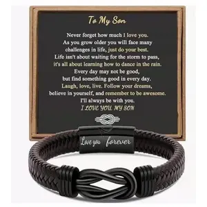 Woven leather stainless steel bracelet with gift box. Engraved with "I Love You", perfect for son's birthday, anniversary and graduation. Stylish design with premium texture, an ideal gift for boyfriend, husband, father and grandson on Christmas and Mothe