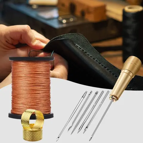 6 Pieces Leather Sewing Awl Needle with Copper Handle,Upholstery Repair Kit 50 M Nylon Cord Thread and 2 Pcs Thimble for Handmade Leather Sewing Tools Shoes and Repair,New Year Gifts,Hand Tools Kits