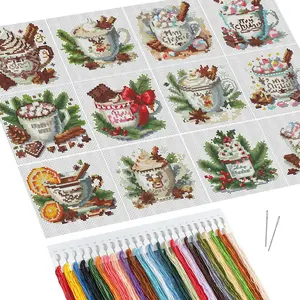 Coffee Cup Pattern Cross Stitch Kit for Beginners, 12pcs/set Cross Stitch Printed Canvas with Tools, Cartoon Needlework Craft for Home Decor, Embroidery Thread