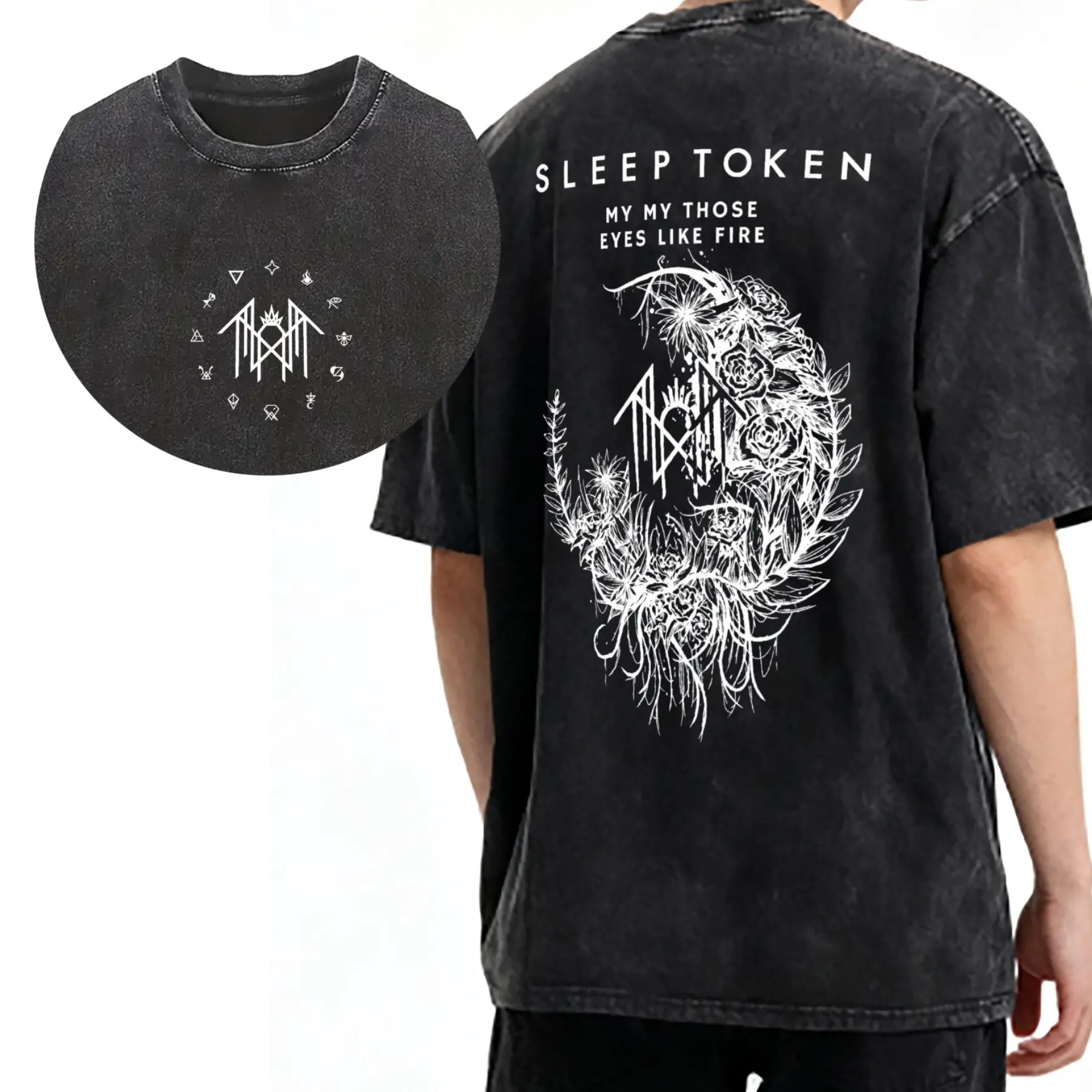 Men's Sleep Token Flowers Acid Washed Oversized Heavy Metal Gothic Y2K Music Graphic Crewneck Cotton T-Shirt, Streetwear Casual Top, Men's Gifts Sleep Token Merch