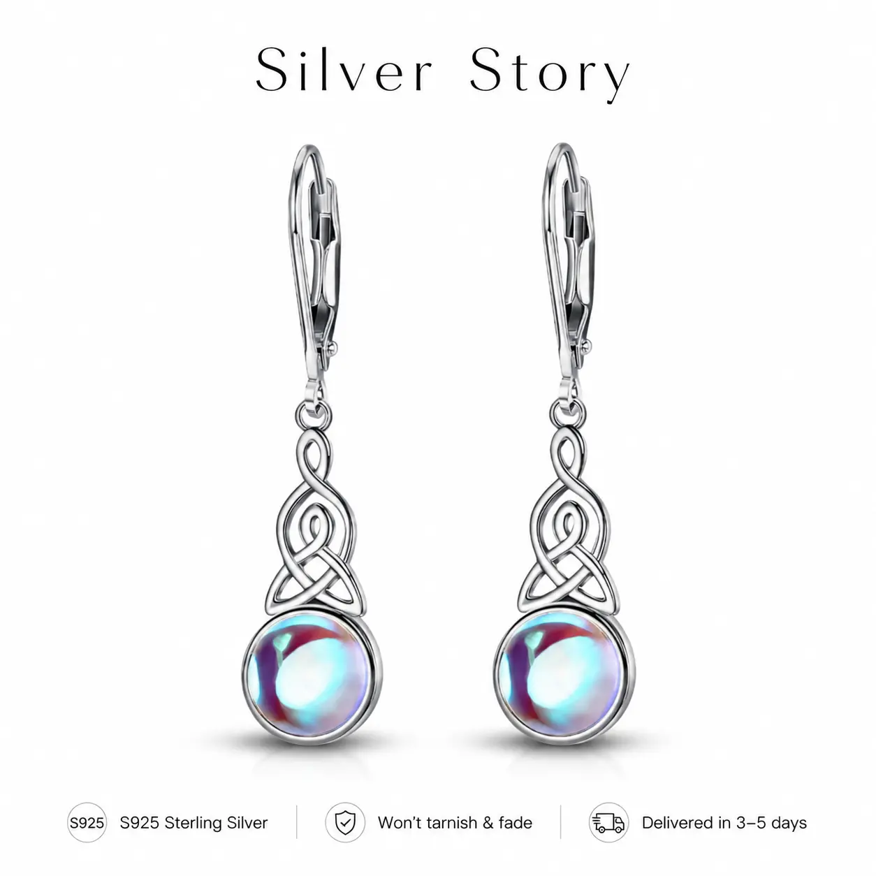 925 Sterling Silver Celtic Kont Earrings, Elegant Synthetic Moonstone Ear Jewelry for Women, Perfect for Daily Wear and Party, Birthday Memorial Valentine's Day Gift for Her