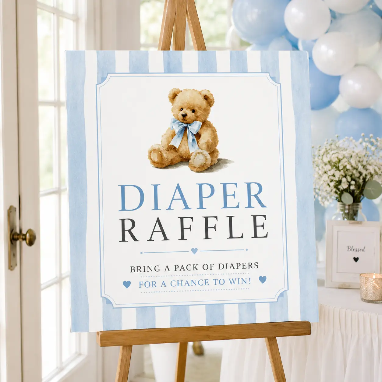 Blue Striped Teddy Bear Diaper Raffle Sign, Baby Shower Game Poster, Bring a Pack of Diapers to Win, Blue Boy Baby Shower Table Decor, Unframed Party Print