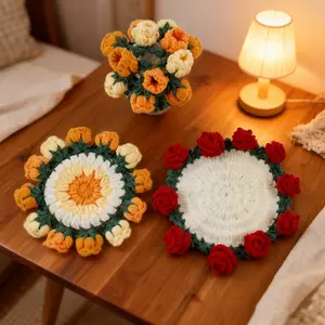 Valentine's Day Surprise Gift, Bellflower Handmade Crochet Coaster, Rose Coffee Cup Mat, Heat Resistant Pad, Creative Flower Bouquet, Floral Pattern Placemat