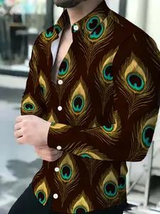 Brown Base Gold Peacock Feather Printed Men's Luxury Shirt
