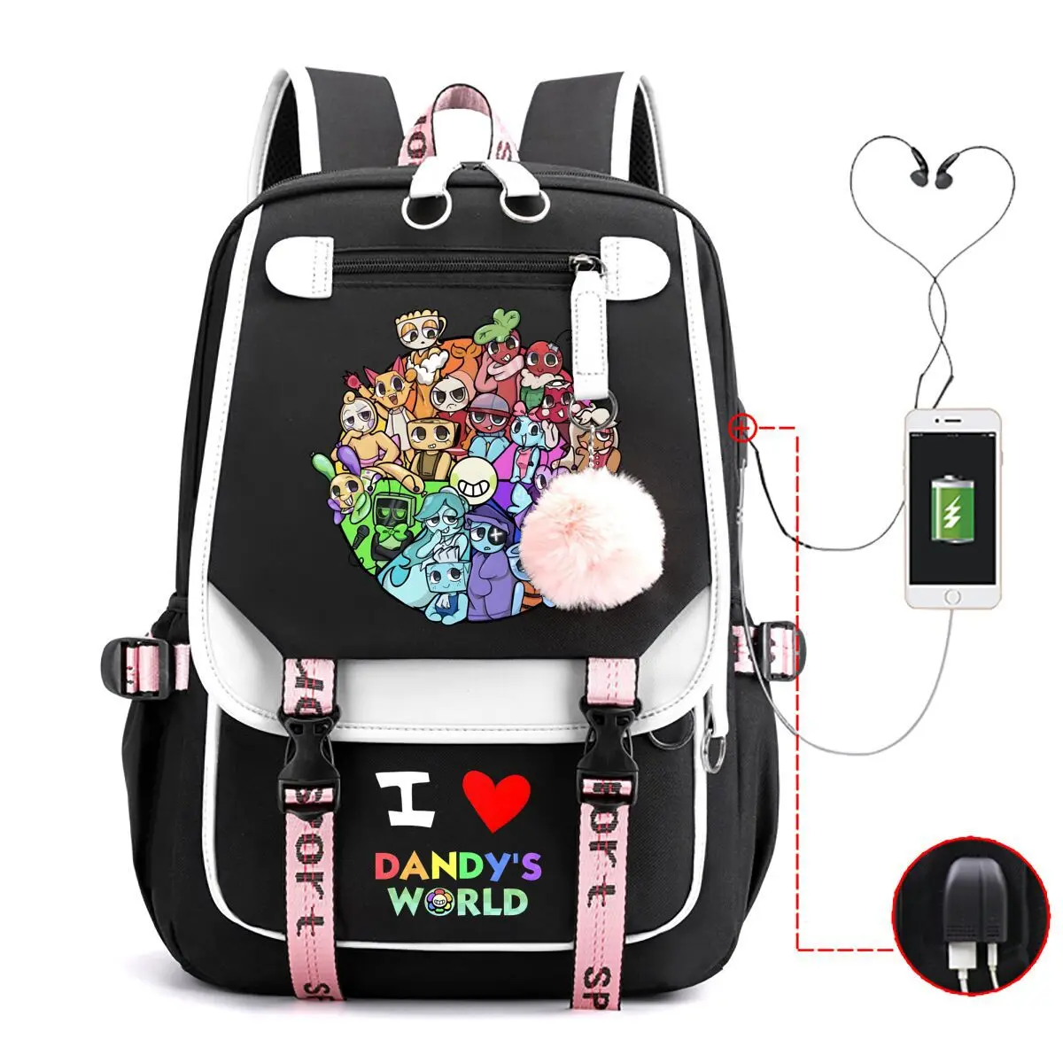 Cartoon Game Dandy's World Character Group Print Backpack, USB Charging & Headphone Port Design Casual Rucksack, Pom Pom Decor Large Capacity Daypack for School and Everyday Carry