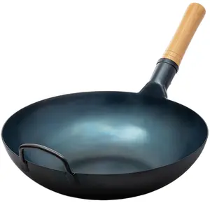 Iron Wok With Wooden Handle-Non-Stick, Non-Coated, Multi-Purpose Kitchen Pan For Gas Stovetop & Induction Cooking, Deep Blue Finish, Ideal For Frying, And Outdoor Cooking.