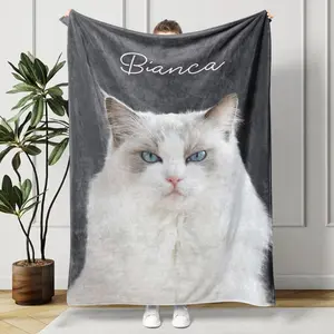 Custom Pet Picture Throw Blanket with Name Personalized Photo Keepsake Gift for Dog Owners, Personalized Dog Memorial Blanket