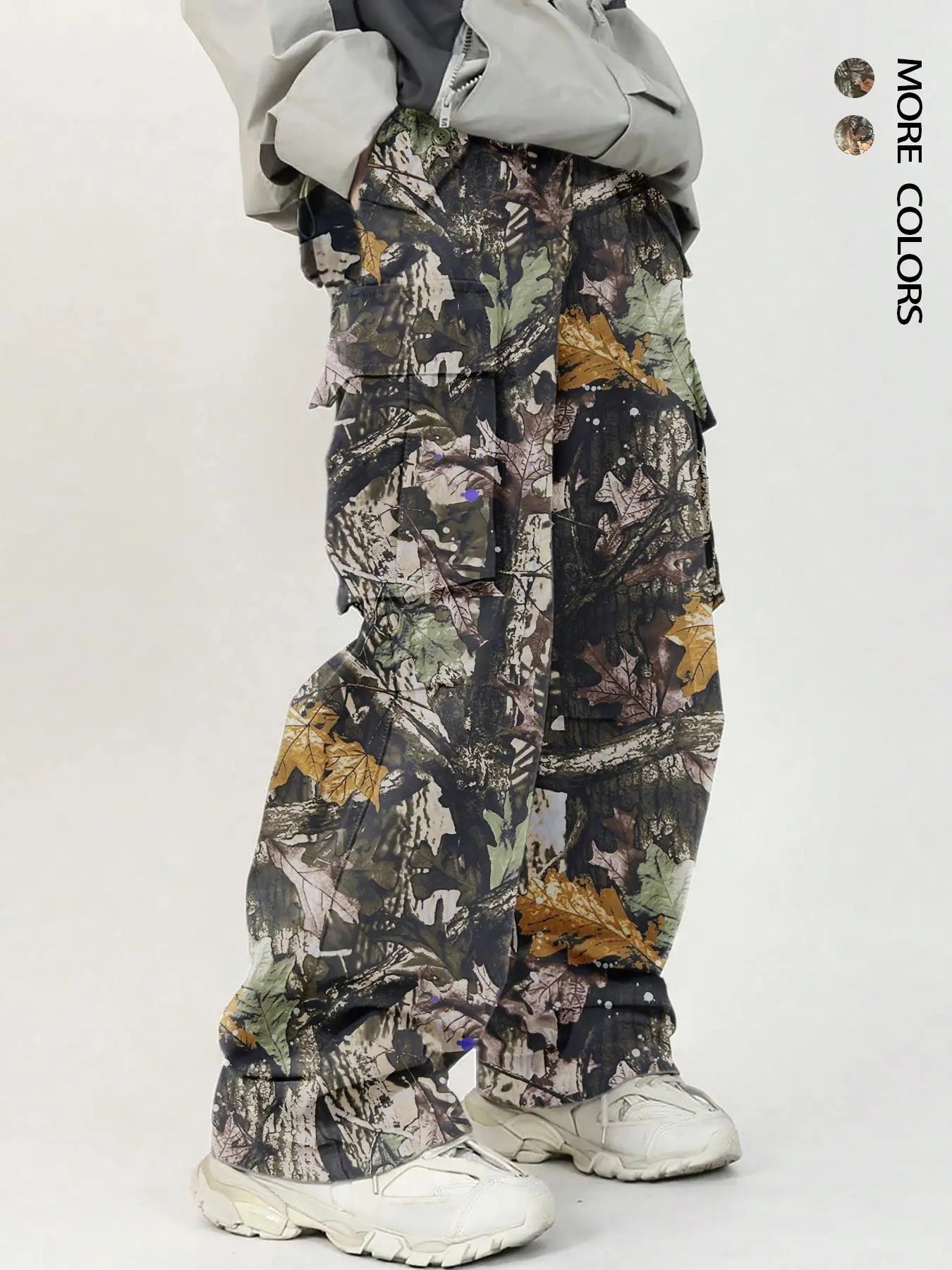 Men's Loose Leaf Print Drawstring Waist Cargo Pants, Casual Elastic Waist Pocket Design Trousers for Outdoor Hiking, Fashion Men's Bottoms for All Sea