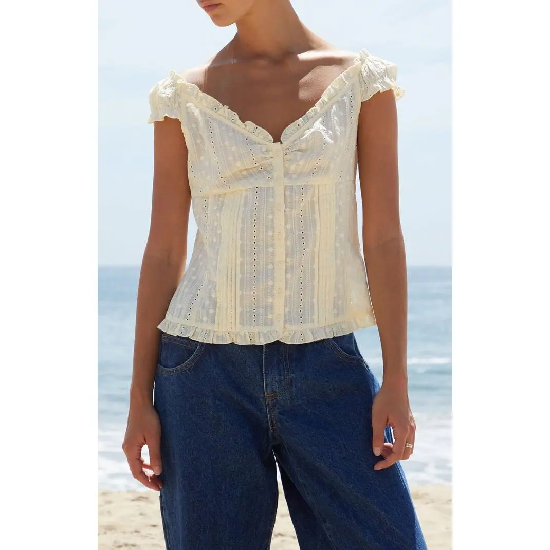 John Galt Women's Yellow Eyelet Elena Top