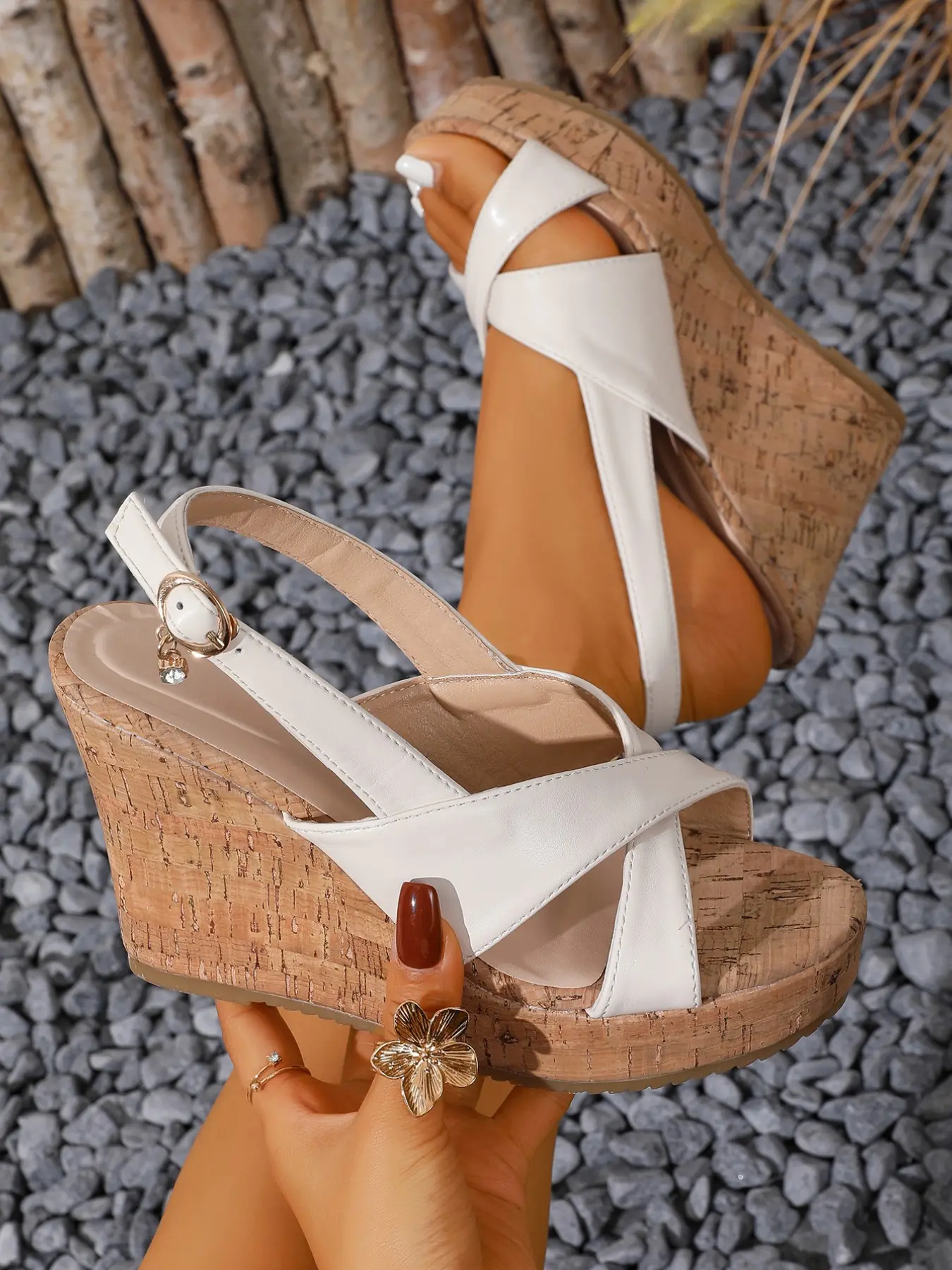Women Cross Strap Buckle Cork Platform Sole High Heel Wedge Sandals – Slingback Open Toe Summer Wedge Sandals, Platform Heeled Comfortable Lightweight Non Slip Beach Vacation Casual Fashion Stylish Classy Elegant Sandals for Women Non Skid Platform