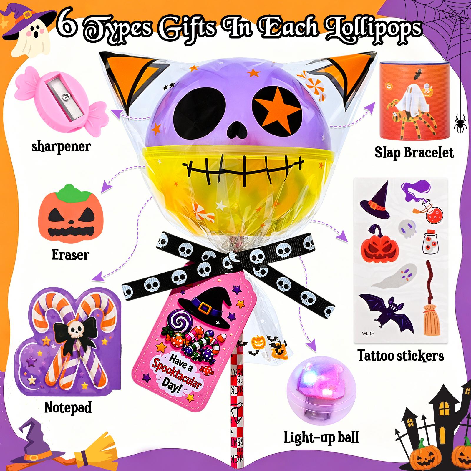 24-Pack 2026 Upgraded Light-Up Giant Halloween Lollipop Stationery Kit with Cards, Halloween Gifts for Kids, Classroom Exchange Party Favors
