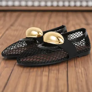 Metal Decoration Mesh Ballet Flats - Comfortable, Round Toe, Fishnet Design, Buckle Strap, Casual Office Shoes for Women Girl Footwear Running Flatform