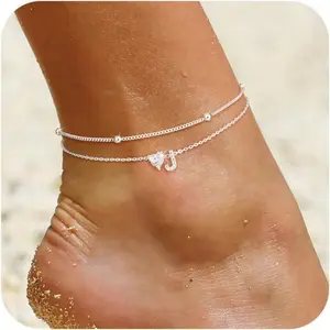 Love Heart Initial Silver Anklets for Women Waterproof Dainty Silver Plated CZ Anklet Trendy Fashion Jewelry Gifts for Women