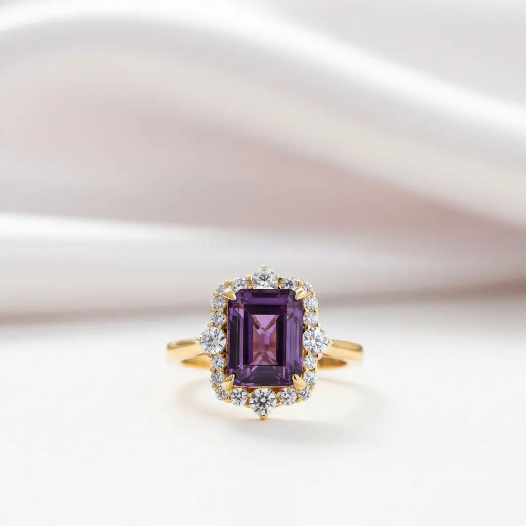 Emerald Cut Purple Amethyst Halo Engagement Ring
