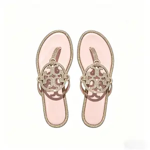 Pink Flat Thong Sandals for Women, Sparkly Rhinestone Trim Hollow Out Design, Non-Slip Casual Summer Slide Beach Vacation Daily Outings