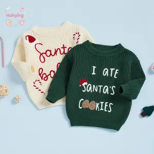 Baby Christmas Sweater, Casual Letter Embroidery Round Neck Infant Pullover Knitwear for Toddler Warm Clothes, Casual Baby Girls Sweater