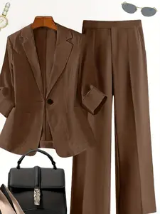 Two-piece women's brown collared lapel single-breasted Fitted pocket half-sleeve Blazer suit jacket with high-waisted wide-leg pants, Fashion business outfits, suitable for spring and summer, business occasions and daily outings