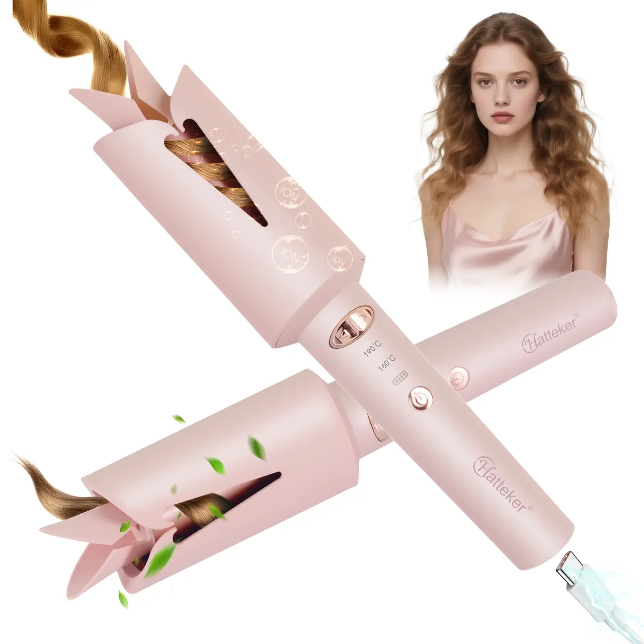Hatteker 25mm/0.98inch Automatic Rotating Curling Iron,Beach Waves Curling Wand, 360° dual-direction rotation, 2 temperature settings, Negative ion hair protection, anti-scald, Anti-tangle curling iron, wireless, for hairstyle design