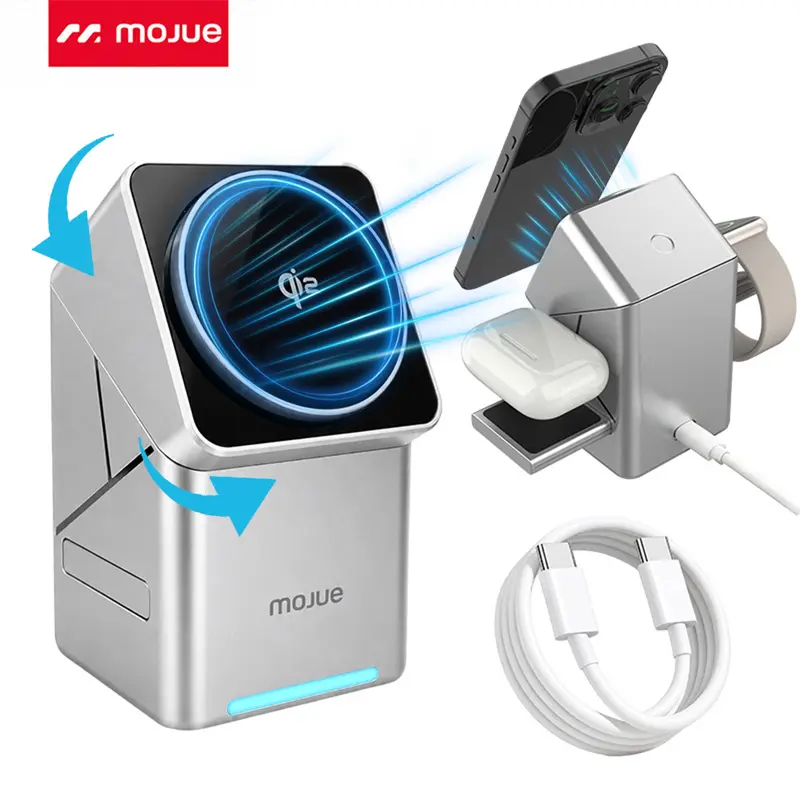 MOJUE 3-in-1 Portable Qi2 Certified 15W Fast Magnetic Charging Station Full Set (With Cable) - USB-C Auto-Rotate Pad for iPhone 18/17/16/15/14/13/12 Pro Max, Smartwatch, Earbuds, iPhone-Compatible Mobile Chargers for Smartphone, Cellphone, Devices
