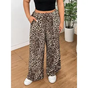 ��Plus Size�� All Over Leopard Print Drawstring Waist Wide Leg Pants, Casual Pocket Trousers for Daily Wear, Women's Bottoms for All Seasons(Sheet)